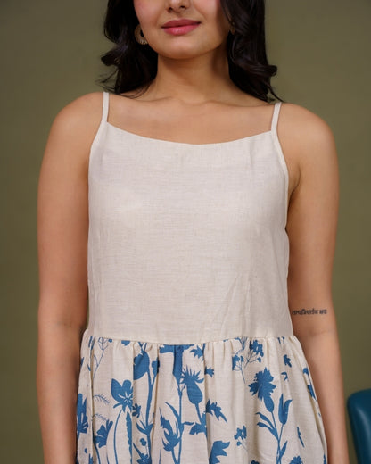 Ekisha's women white blue floral printed sleeveless pure cotton midi dress, detailed view