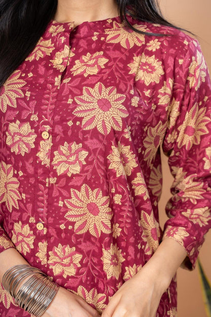 Ekisha women's Maroon designer printed multicolor floral printed straight kurta kurti - Ekisha