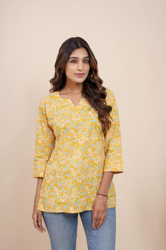 Ekisha's women yellow beautiful designer floral printed cotton tunic top short kurti - Ekisha
