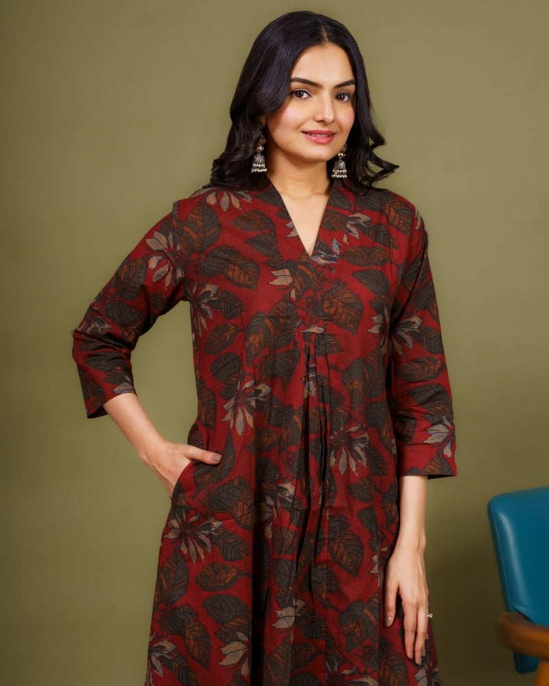 Ekisha's women maroon multicolor floral printed cotton co-ord set lounge wear, front view