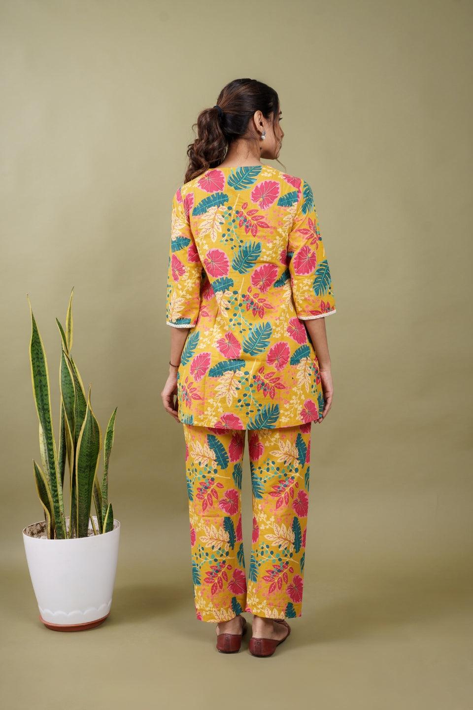 Ekisha's women yellow floral printed cotton co-ord set lounge wear - Ekisha