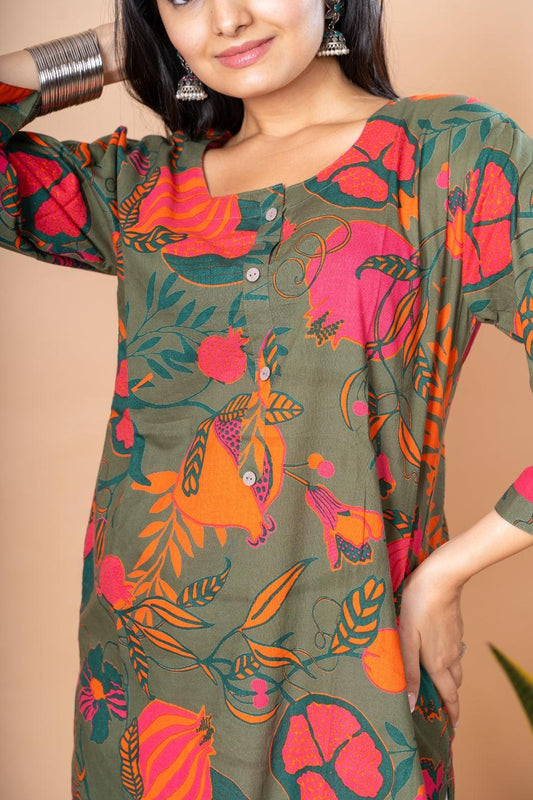 Ekisha women's dark green designer printed multicolor floral printed straight kurta kurti - Ekisha