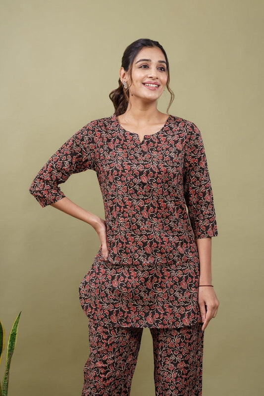 Ekisha's women black kalamkari floral printed cotton co-ord set lounge wear - Ekisha