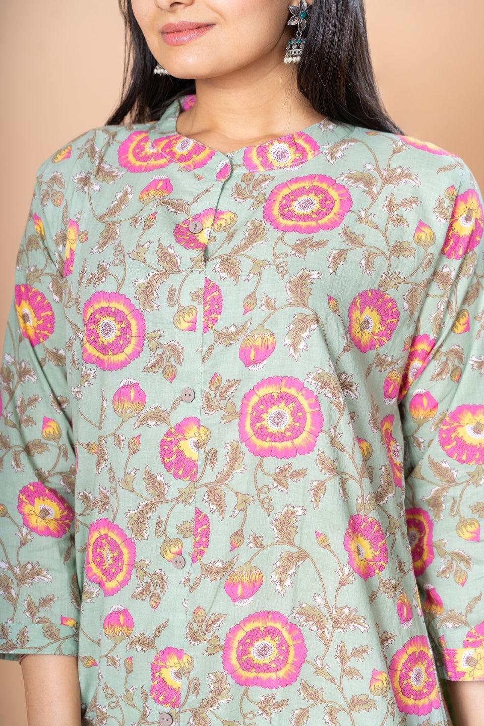Ekisha women's green rani designer printed multicolor floral printed straight kurta kurti - Ekisha