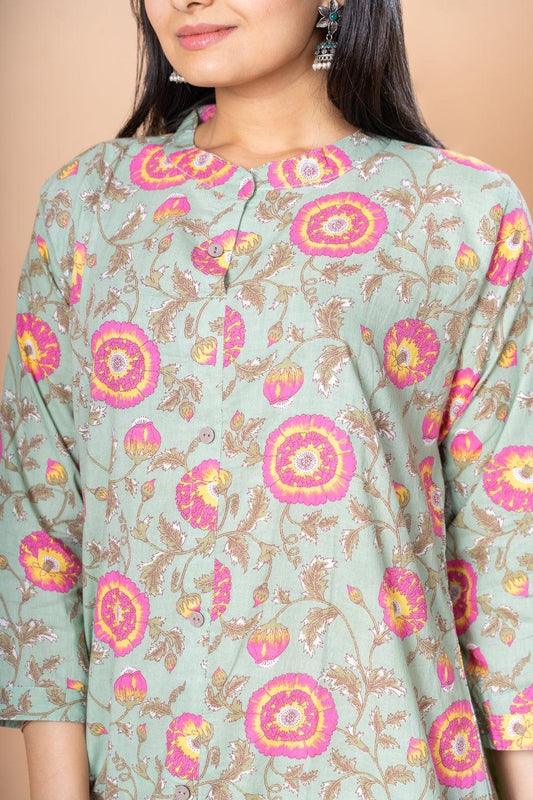 Ekisha women's green rani designer printed multicolor floral printed straight kurta kurti - Ekisha