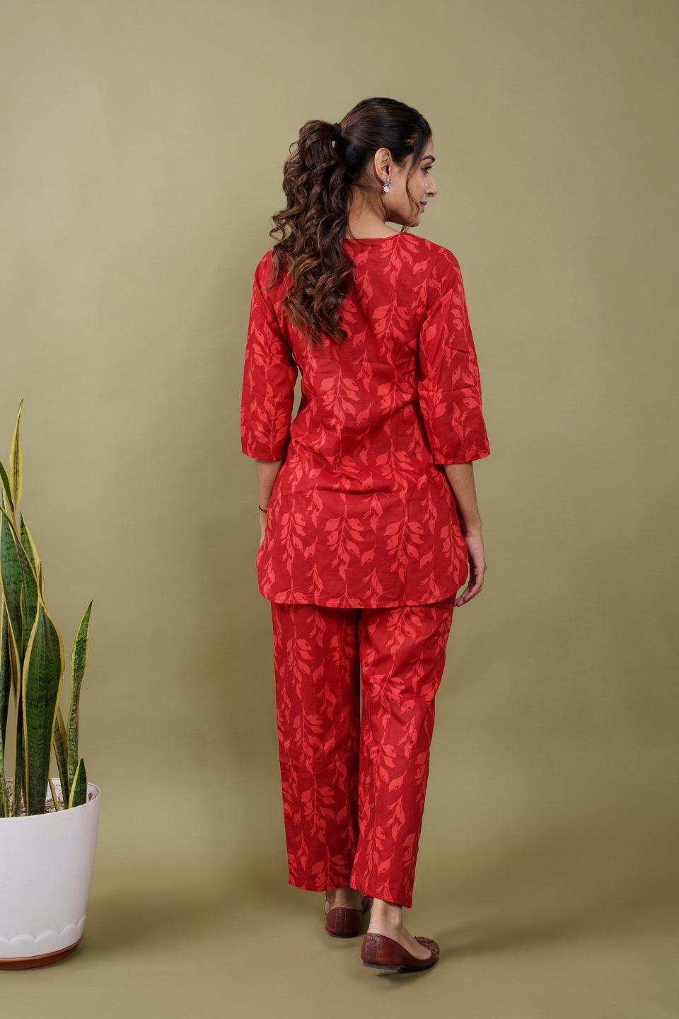 Ekisha's women red floral printed cotton co-ord set lounge wear - Ekisha