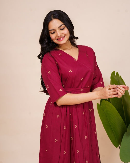 Ekisha's women dark wine printed V neck pure cotton midi dress, front view 3