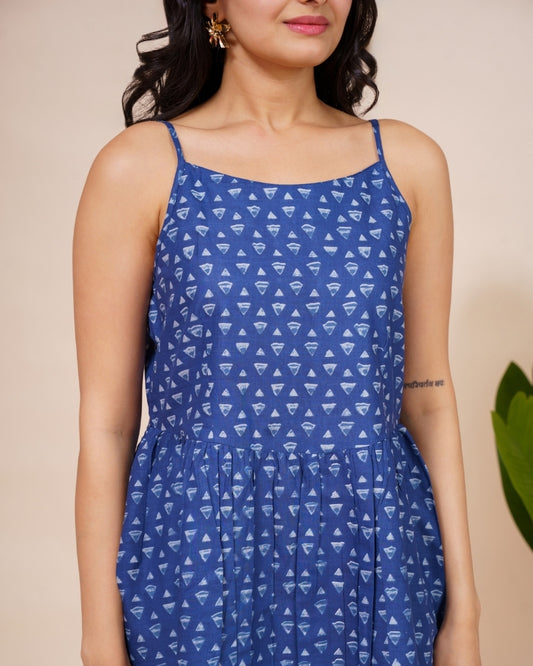 Ekisha's women blue abstract printed sleeveless pure cotton midi dress, detailed view 3