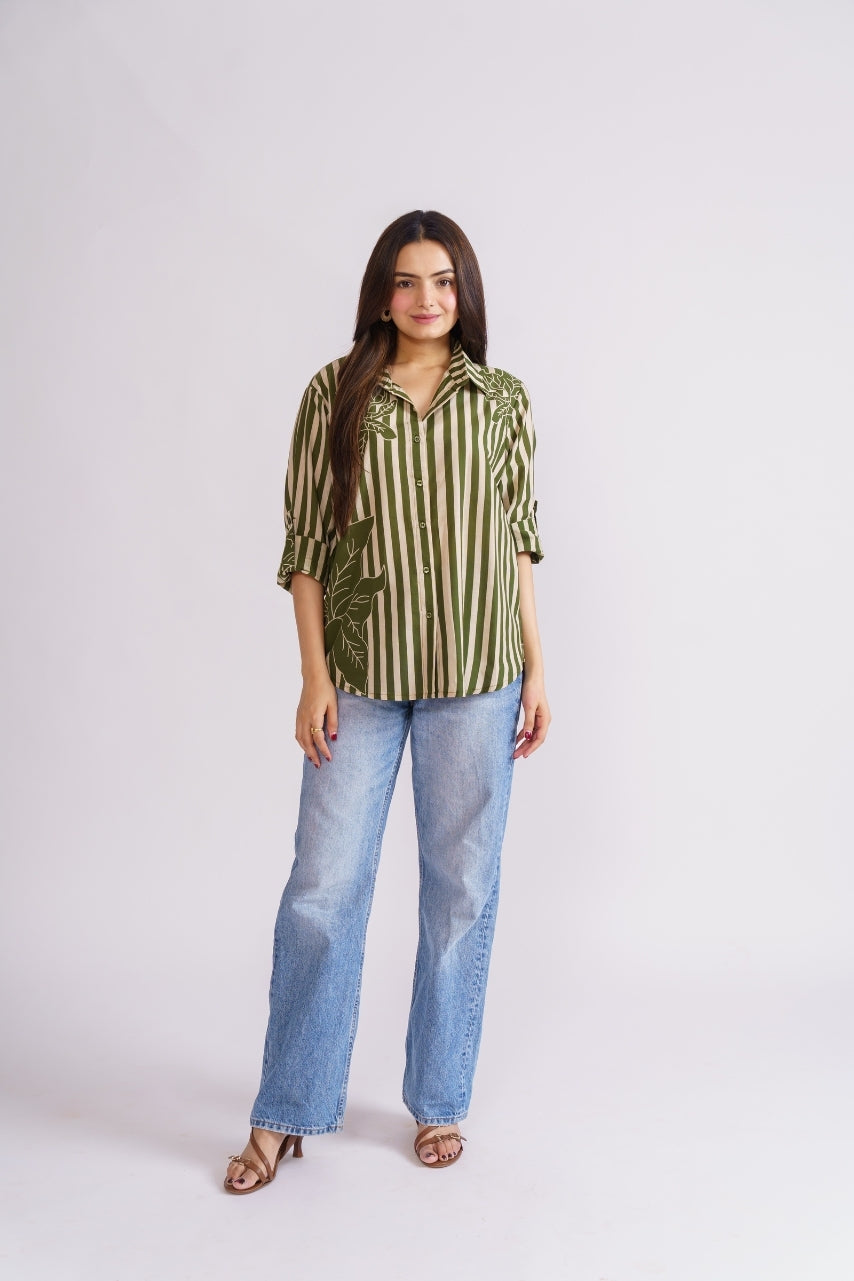 Stripe and floral print button-down shirt paired with jeans