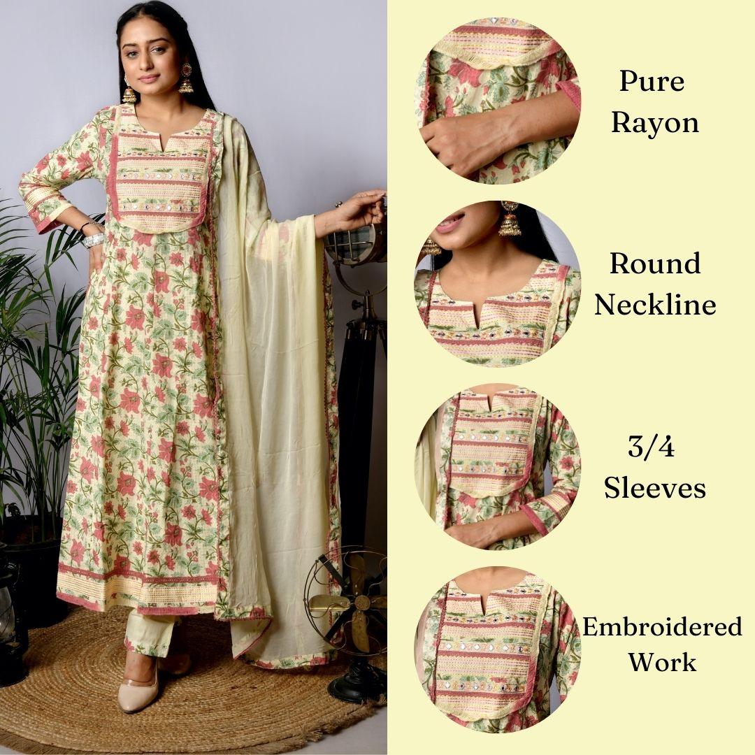 Ekisha's women printed yellow designer embroidered cotton kurta and pant set with dupatta - Ekisha