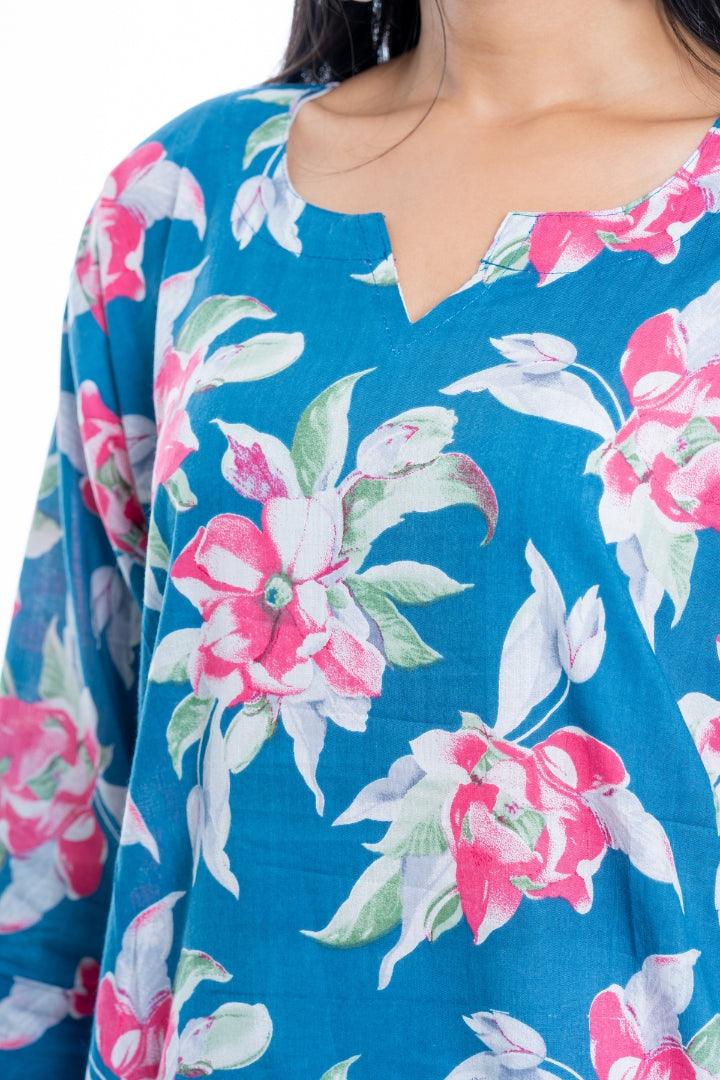 Ekisha's women everyday blue multicolor printed cotton tunic top short kurti - Ekisha