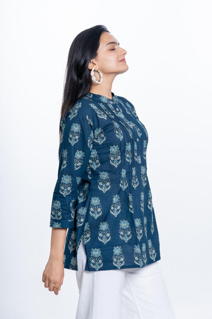 Ekisha's women pleated navy multicolor printed cotton tunic top short kurti - Ekisha