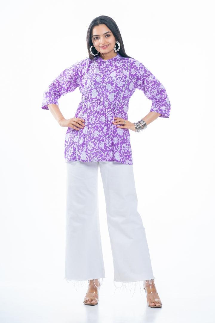 Ekisha's women purple designer floral printed cotton tunic top short kurti, front view