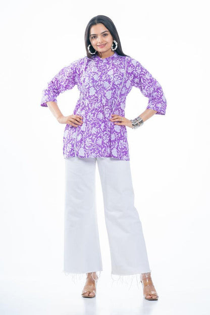 Ekisha's women purple designer floral printed cotton tunic top short kurti, front view