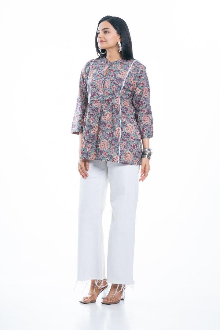Ekisha's women green multicolor designer floral printed cotton tunic top short kurti - Ekisha