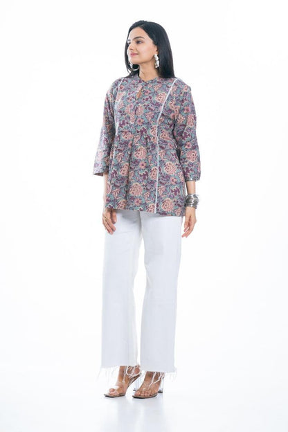 Ekisha's women green multicolor designer floral printed cotton tunic top short kurti - Ekisha