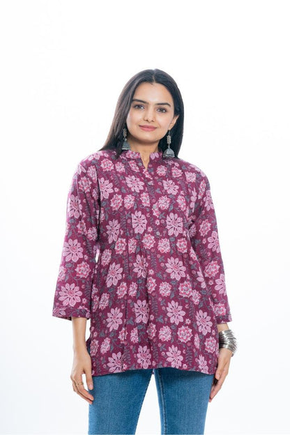 Ekisha's women pleated maroon multicolor printed cotton tunic top short kurti - Ekisha