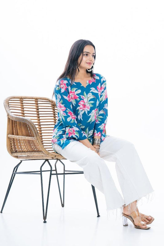 Ekisha's women everyday blue multicolor printed cotton tunic top short kurti - Ekisha