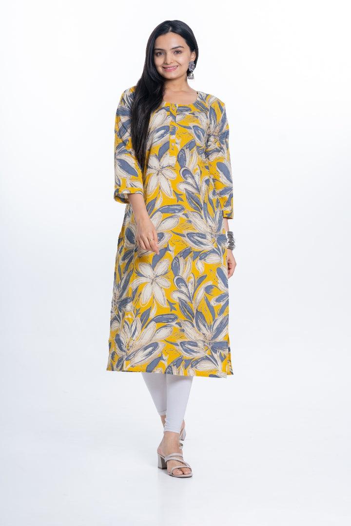 Ekisha women's cotton yellow bold printed floral printed straight kurta kurti - Ekisha