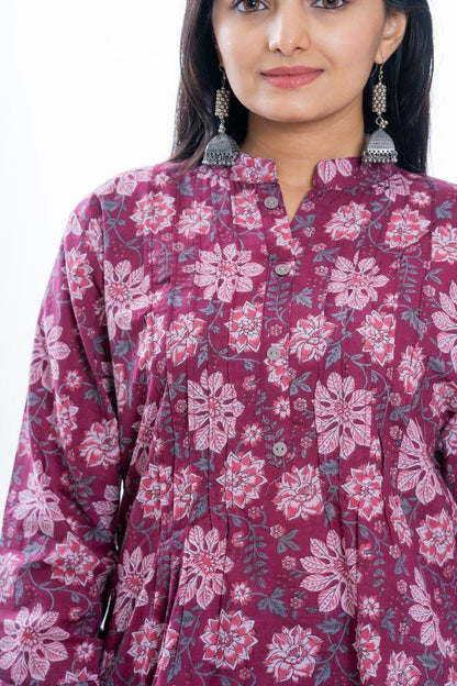 Ekisha's women pleated maroon multicolor printed cotton tunic top short kurti - Ekisha