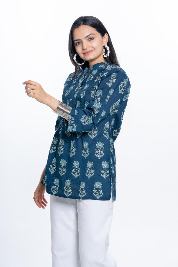 Ekisha's women pleated navy multicolor printed cotton tunic top short kurti - Ekisha