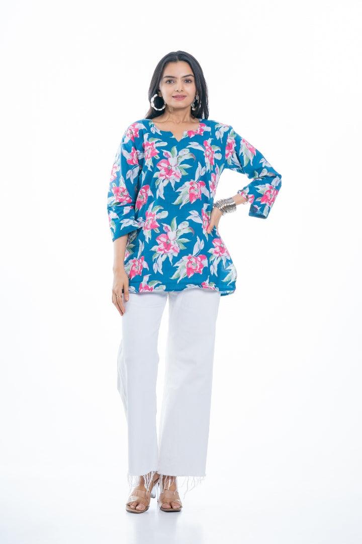 Ekisha's women everyday blue multicolor printed cotton tunic top short kurti - Ekisha