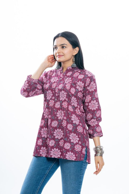 Ekisha's women pleated maroon multicolor printed cotton tunic top short kurti - Ekisha