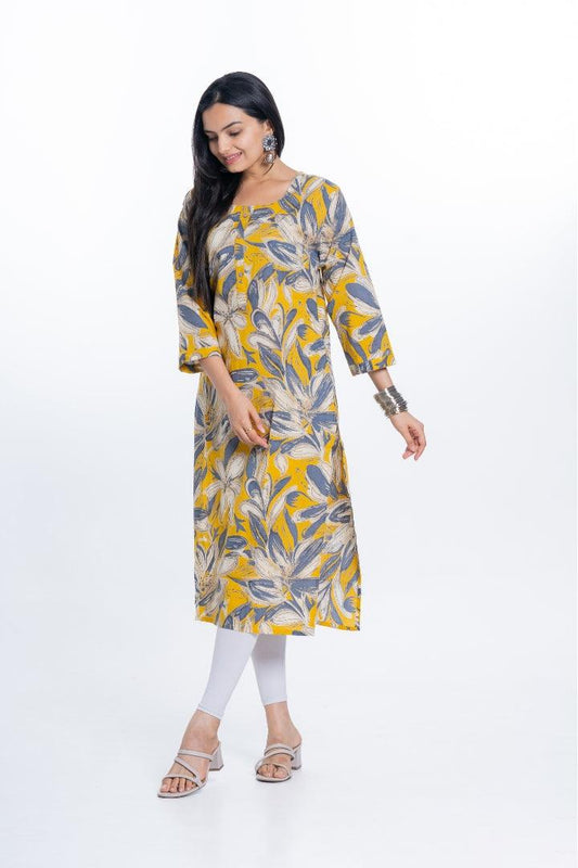 Ekisha women's cotton yellow bold printed floral printed straight kurta kurti - Ekisha