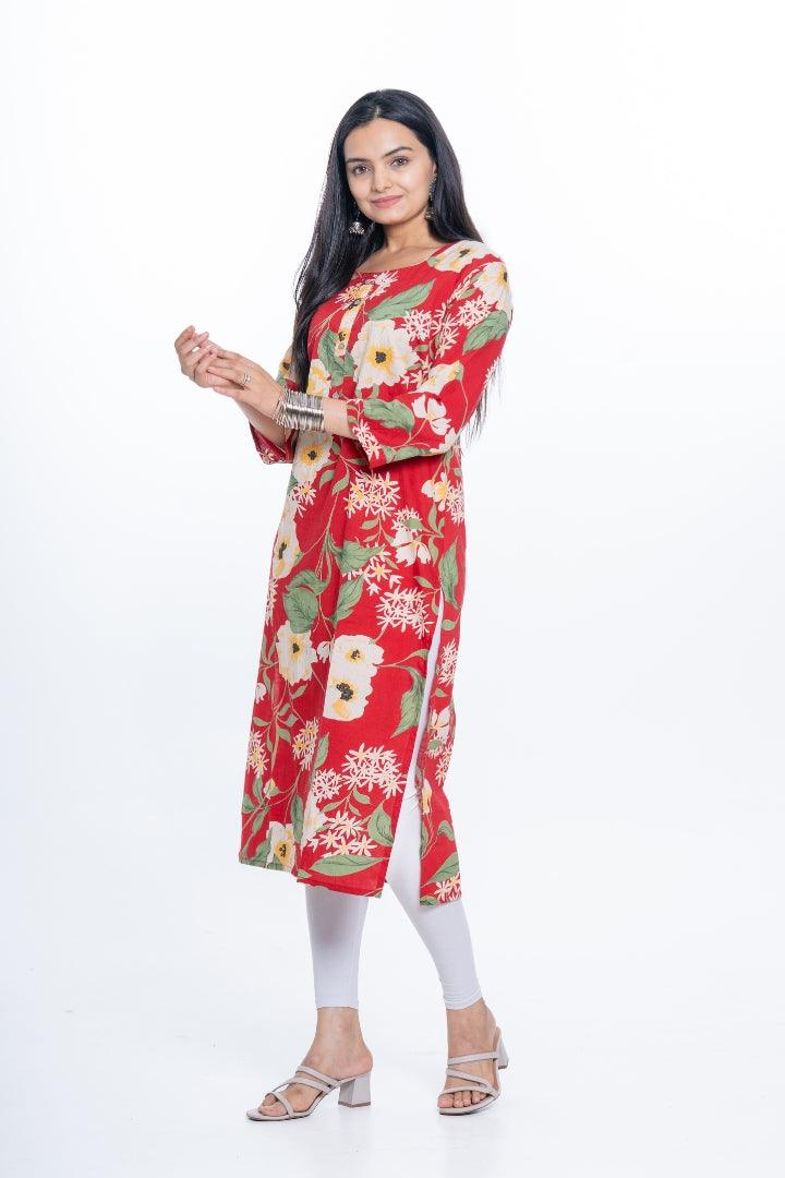 Ekisha women's Red bold printed floral printed straight kurta kurti - Ekisha
