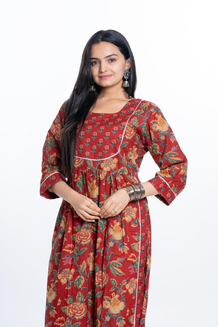 Ekisha women's Red designer printed multicolor floral printed straight kurta kurti - Ekisha