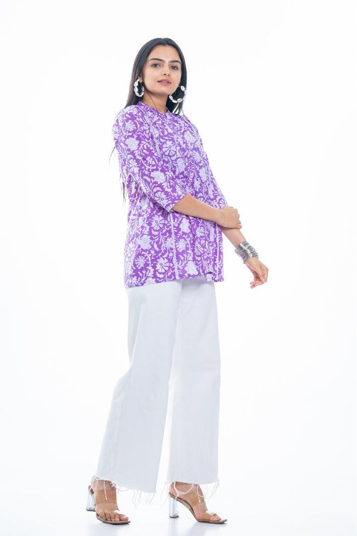 Ekisha's women purple designer floral printed cotton tunic top short kurti, side view
