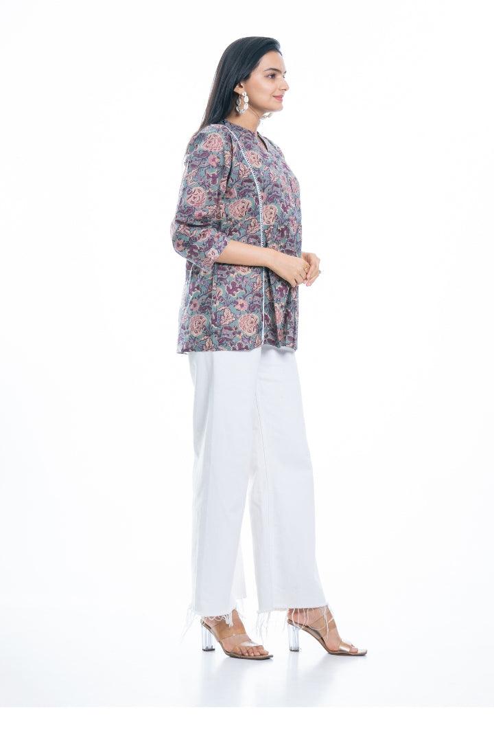 Ekisha's women green multicolor designer floral printed cotton tunic top short kurti - Ekisha