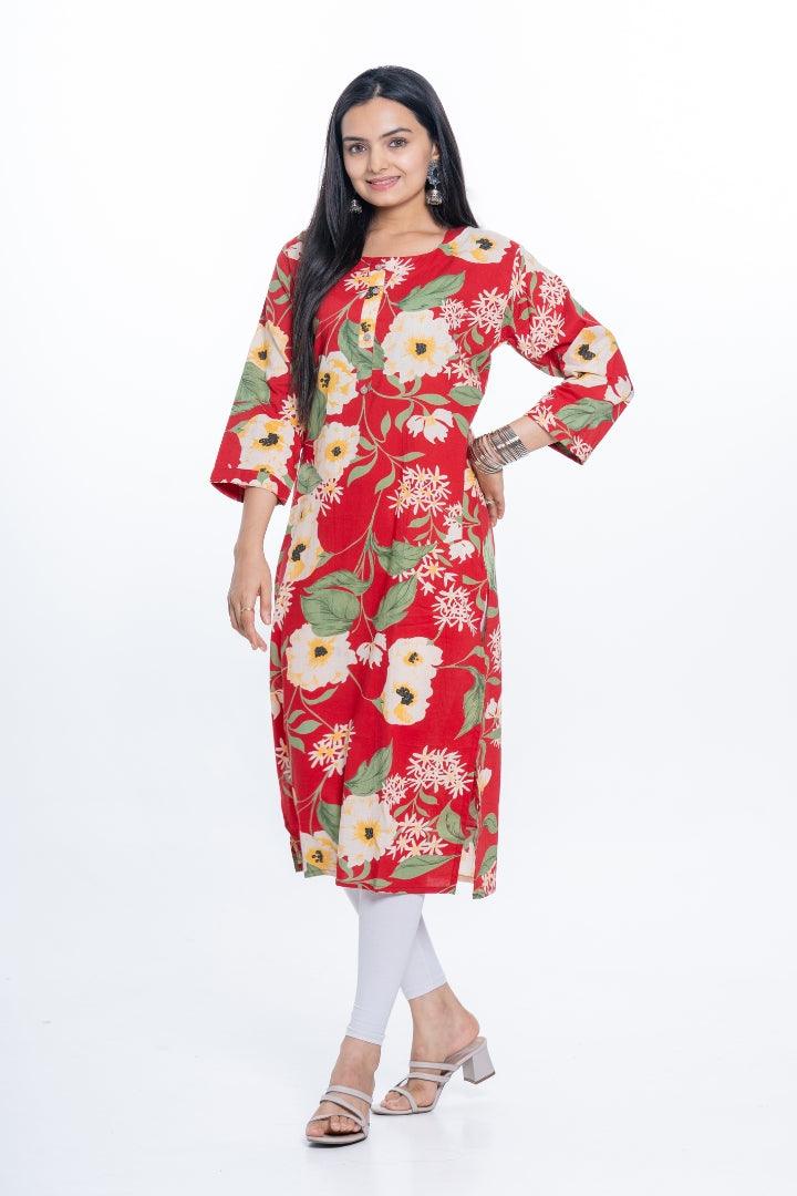 Ekisha women's Red bold printed floral printed straight kurta kurti - Ekisha