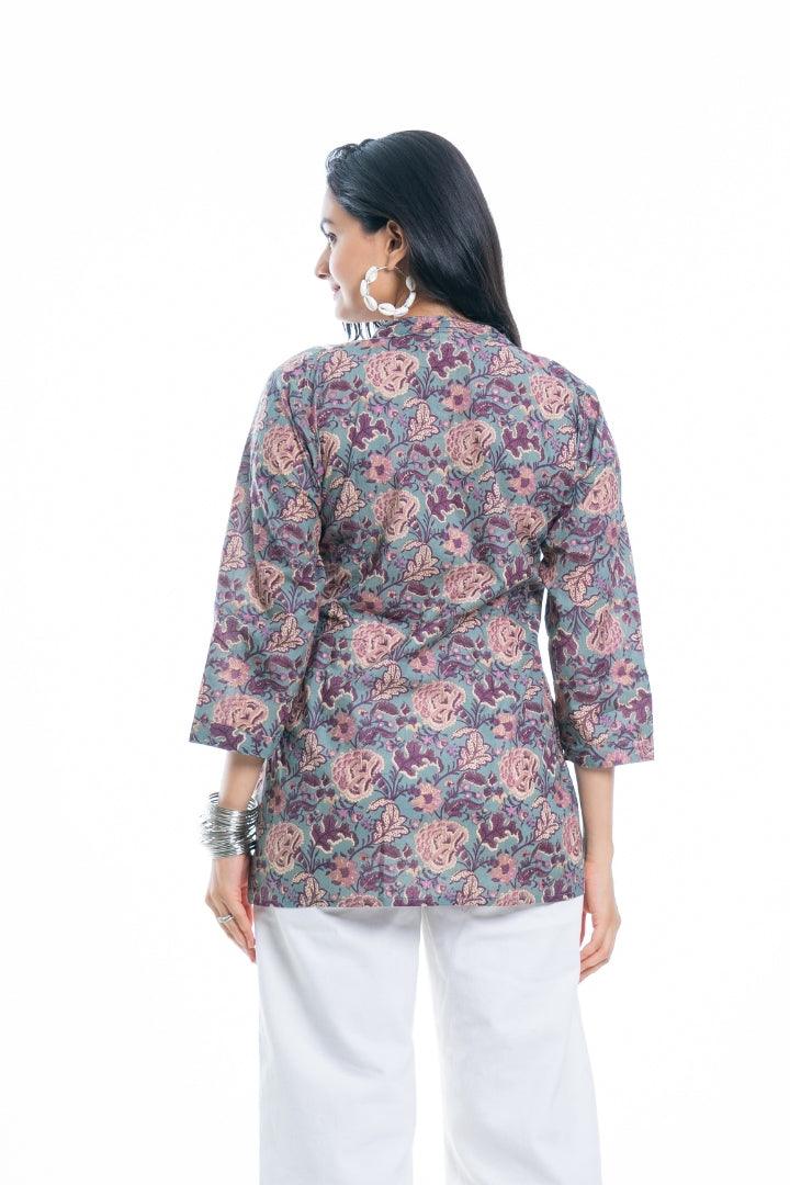 Ekisha's women green multicolor designer floral printed cotton tunic top short kurti - Ekisha