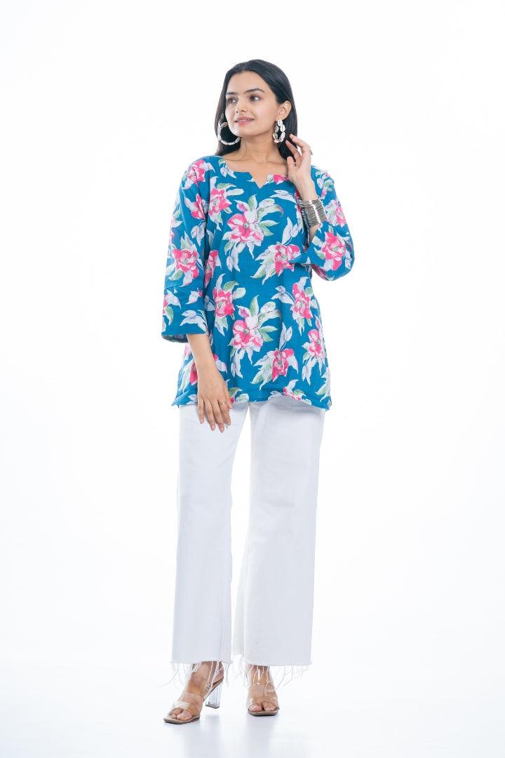 Ekisha's women everyday blue multicolor printed cotton tunic top short kurti - Ekisha