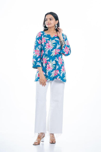 Ekisha's women everyday blue multicolor printed cotton tunic top short kurti - Ekisha