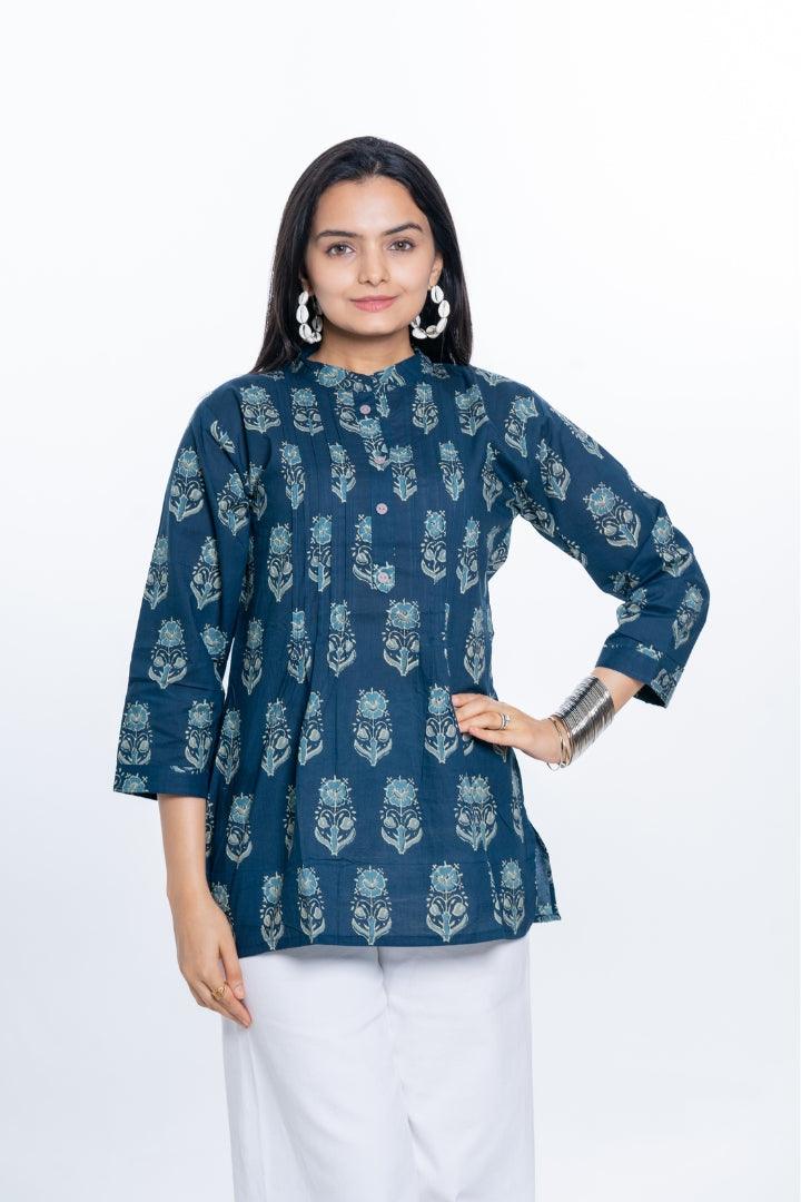Ekisha's women pleated navy multicolor printed cotton tunic top short kurti - Ekisha