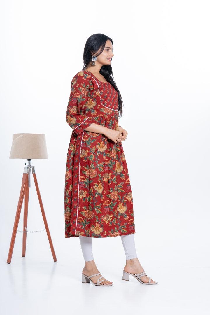 Ekisha women's Red designer printed multicolor floral printed straight kurta kurti - Ekisha