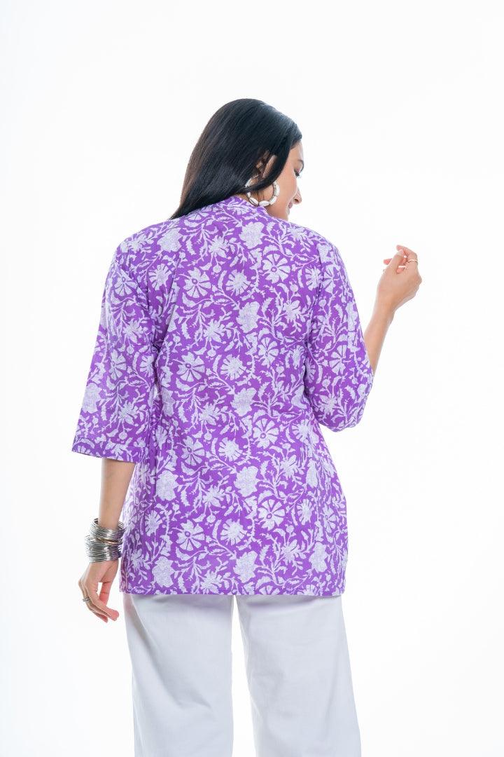 Ekisha's women purple designer floral printed cotton tunic top short kurti, back view