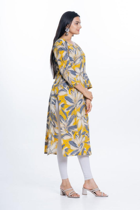 Ekisha women's cotton yellow bold printed floral printed straight kurta kurti - Ekisha