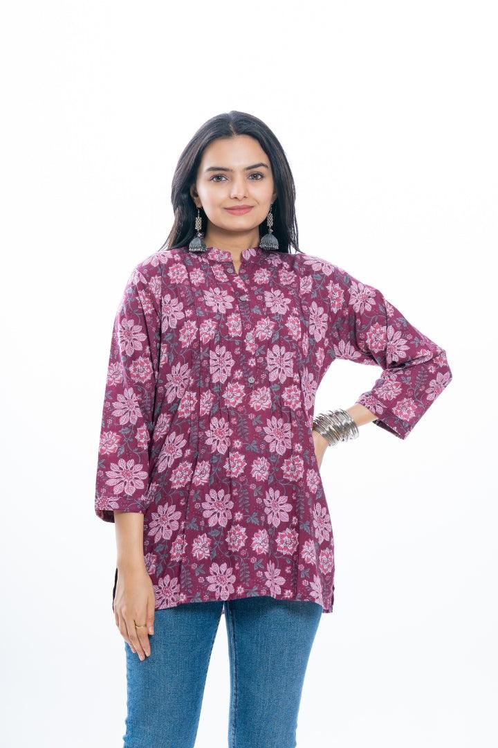 Ekisha's women pleated maroon multicolor printed cotton tunic top short kurti - Ekisha