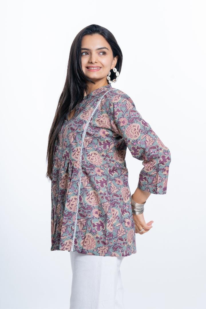 Ekisha's women green multicolor designer floral printed cotton tunic top short kurti - Ekisha