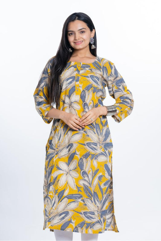 Ekisha women's cotton yellow bold printed floral printed straight kurta kurti - Ekisha