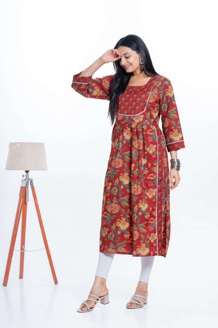 Ekisha women's Red designer printed multicolor floral printed straight kurta kurti - Ekisha