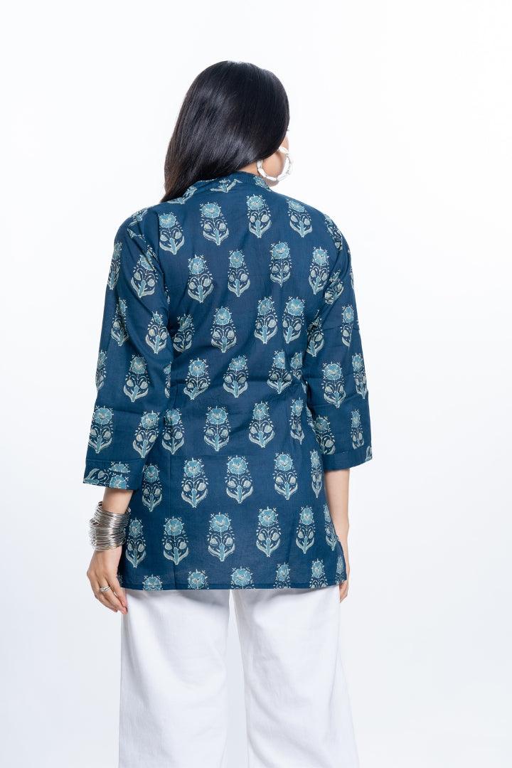 Ekisha's women pleated navy multicolor printed cotton tunic top short kurti - Ekisha