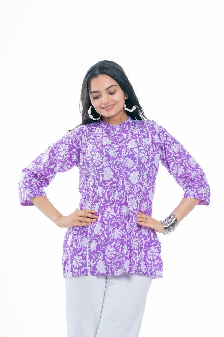 Ekisha's women purple designer floral printed cotton tunic top short kurti, front view 2