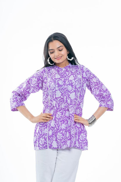 Ekisha's women purple designer floral printed cotton tunic top short kurti, front view 2