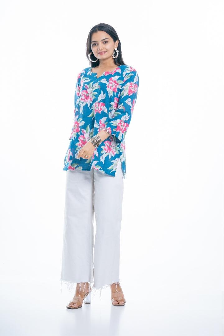 Ekisha's women everyday blue multicolor printed cotton tunic top short kurti - Ekisha