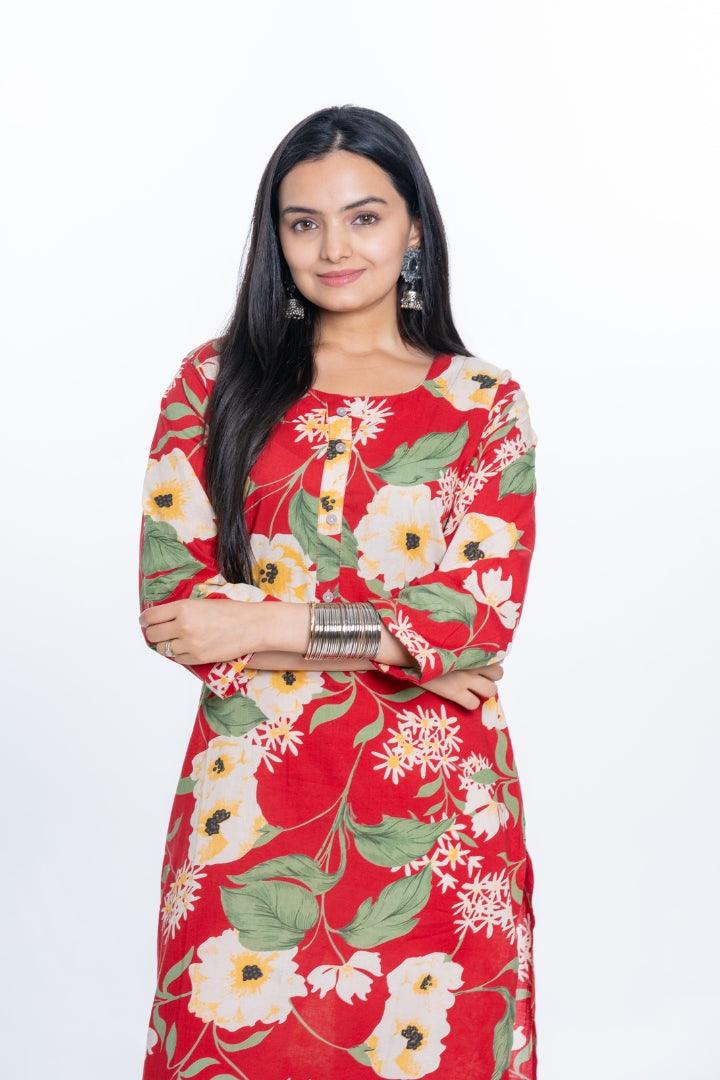 Ekisha women's Red bold printed floral printed straight kurta kurti - Ekisha