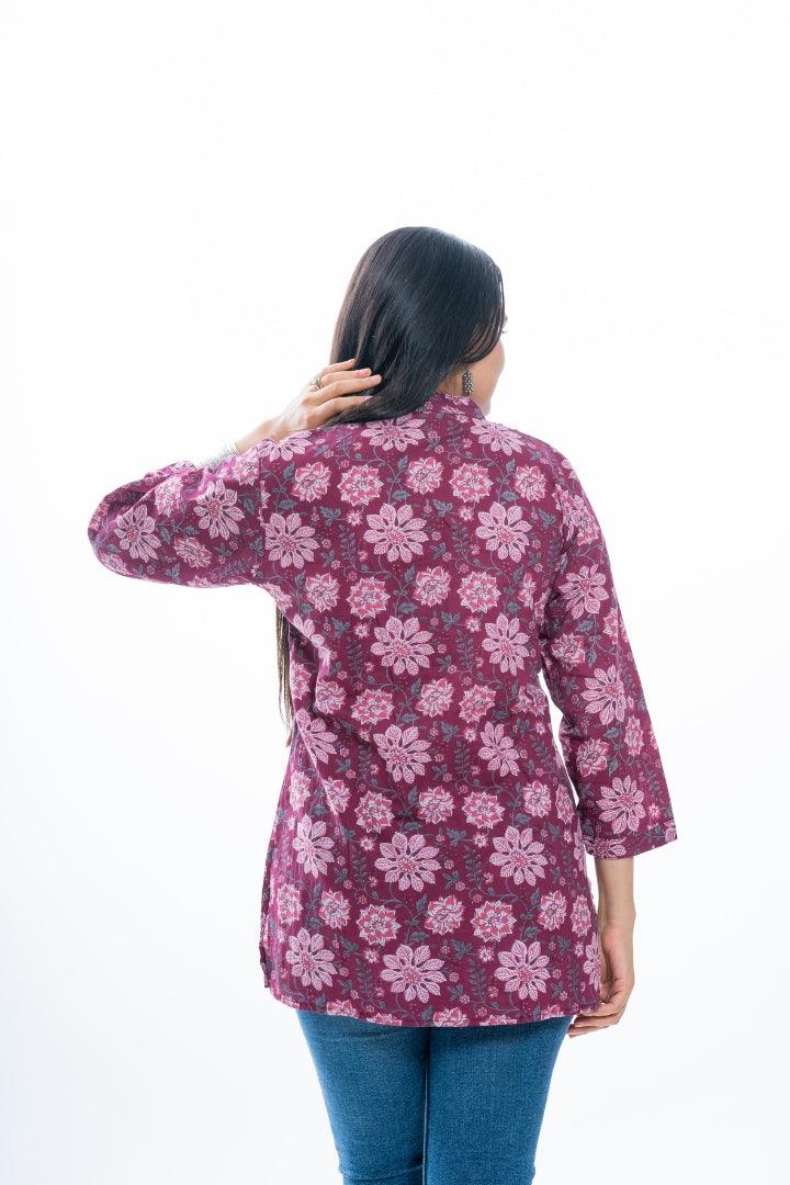 Ekisha's women pleated maroon multicolor printed cotton tunic top short kurti - Ekisha